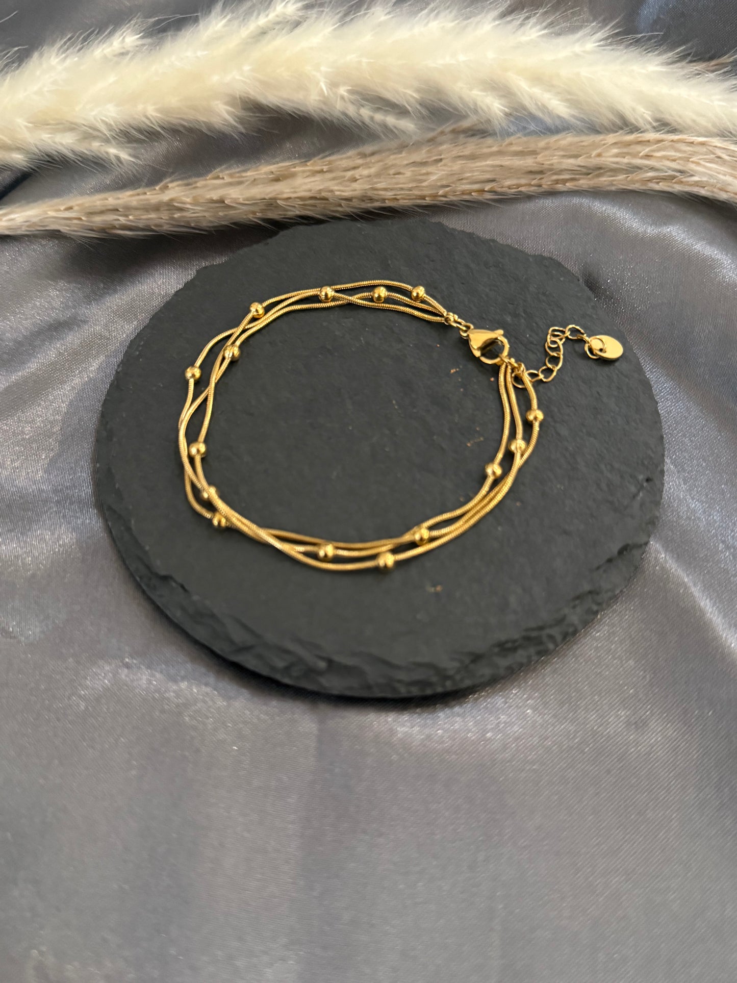 Round Snake Bead Triple Layer Bracelet